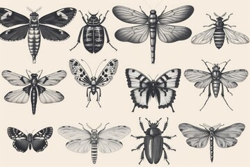 A variety of insects on a surface, including beetles, ants, and more