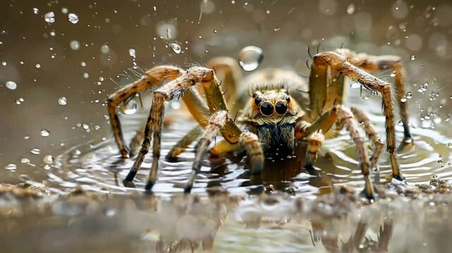 Wolf Spider in the Rain: A close-up of a wolf spider in its natural habitat, caught in the middle of a downpour. The water droplets splash around the spider, creating a dramatic and captivating scene.