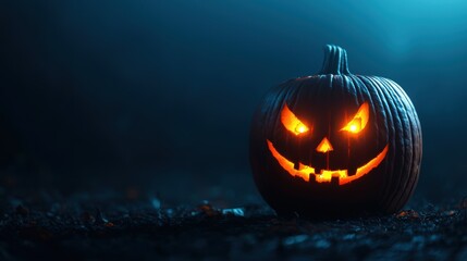 Naklejka premium Sinister Glowing Pumpkin in Dark Room with Copy Space, Selective Focus, Ultra HD