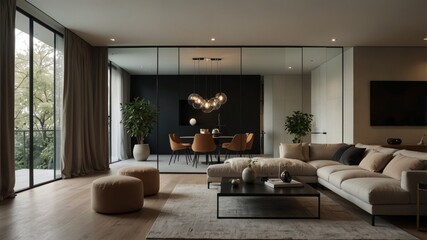 minimalist modern living room separated by a glass partition