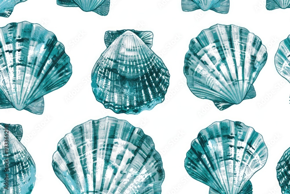 Poster A collection of colorful sea shells arranged neatly on a white background