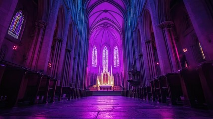Purple-lit cathedral interior with stained glass window.