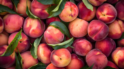 Lush Harvest of Ripe and Juicy Pink Peaches with Green Leaves