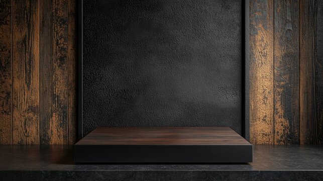 Modern Industrial Display, showcasing a cosmetic product on a square wooden podium with blackened metal edges, set in a warm, inviting industrial loft atmosphere.