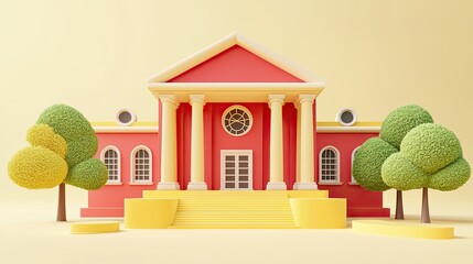 Red building with white columns, yellow steps, and green trees on a yellow background.