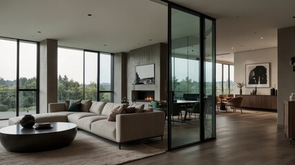 minimalist modern living room separated by a glass partition