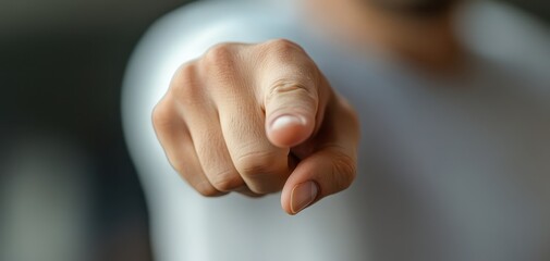 A close-up image of a person pointing with a finger, conveying a strong message or instruction in a modern context.