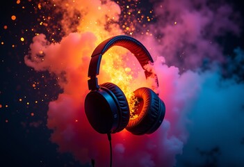 Explosive Stereo Headphones Party: Vibrant Light Effects, Loud Music, Pulse, Beats, and Flow 