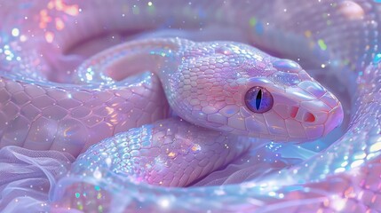 Fototapeta premium Shiny snake, surreal minimalism, ethereal dreamlike atmosphere, soft pastel colours accented with shimmering glitter.