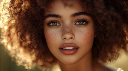 Fototapeta premium Close-up portrait of a young woman with curly hair and freckles, looking directly at the camera.