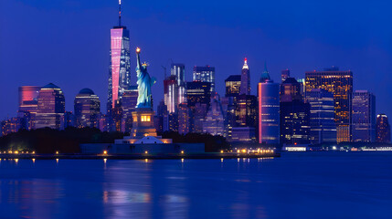 Obraz premium The Statue of Liberty illuminated at night with the New York City skyline in the background
