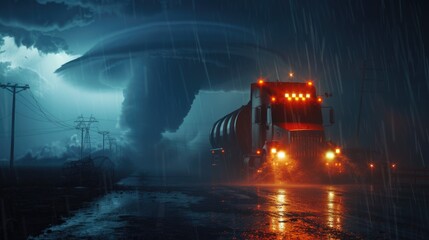 A big rig driving down a wet highway