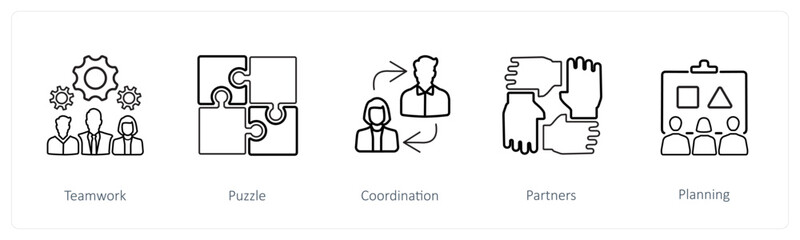 A set of 5 business icons such as teamwork, puzzle, coordination