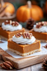 Pumpkin dessert squares topped with whipped cream and pecans on a rustic table