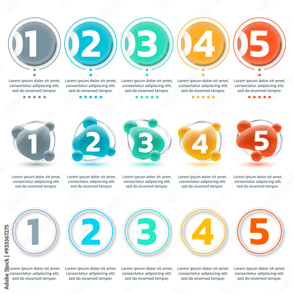 Poster 5 step infographic set with five numbers and 3d shapes. timeline, process diagram, timeline info gra