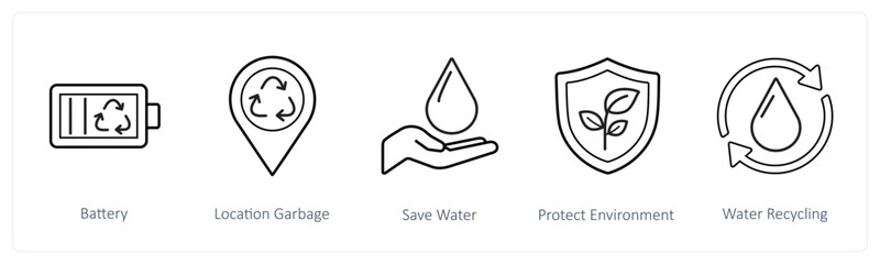A set of 5 weather icons such as battery, location garbage