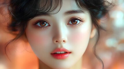 Fototapeta premium Closeup portrait of a young woman with long black hair looking at the camera with soft lighting.