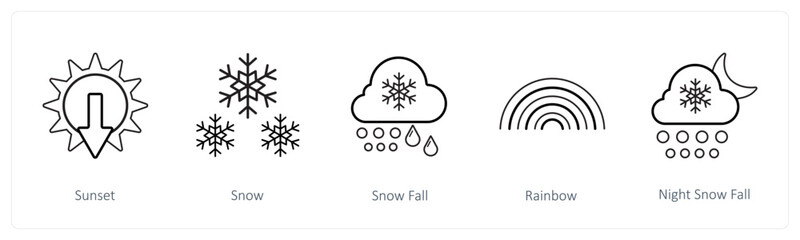 A set of 5 weather icons such as sunset, snow, snow fall
