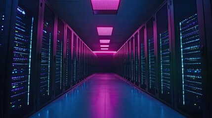 Fototapeta premium Rows of servers with glowing lights in a server room.