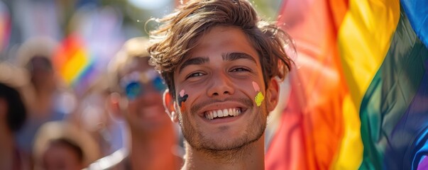 Obraz premium Smiling young man with vibrant rainbow face paint, embodying LGBTQ+ pride and joy. Free copy space for text.