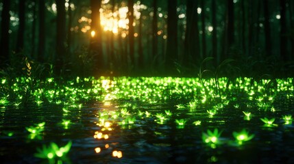 Obraz premium Enchanted Eerie Swamp with Glowing Willowisps and Decayed Trees - Ultra HD Landscape with Copy Space for Text