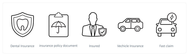 A set of 5 insurance icons such as dental insurance, insurance policy document