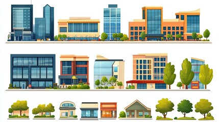 Fototapeta premium Set of cartoon buildings and trees.