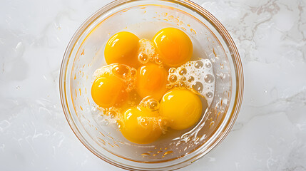 egg yolk in a glass bowl, A clear glass bowl with several bright yellow egg yolks floating in egg whites