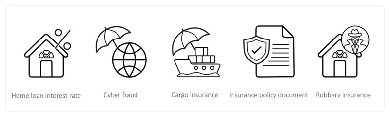 A set of 5 insurance icons such as home loan interest rate, cyber fraud