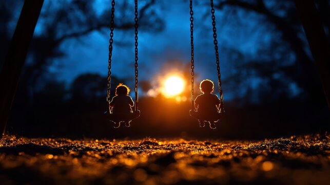Spooky Abandoned Playground with Rusted Swings and Shadowy Figures in Eerie Moonlight - Halloween Concept with Copy Space