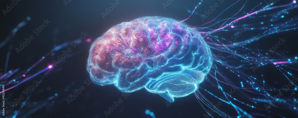 Poster abstract representation of a human brain composed of glowing jellyfish elements with intricate neura