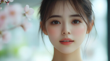 Fototapeta premium Close-up portrait of a young woman with pink blush, looking at the camera with pink flowers out of focus in the background.