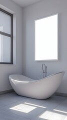 Fototapeta premium A stunning 3D rendered mockup of a contemporary minimalist bathroom design. The room features a freestanding bathtub,rainfall shower,sleek fixtures,and a clean,bright,and serene atmosphere.