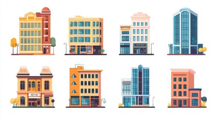 Set of Colorful City Buildings with Different Facades.