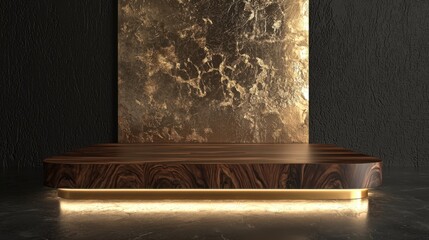 Elegant dark walnut podium with gold leaf accents, featuring hidden LED illumination that enhances the natural grain and luxurious textures for a refined presentation space.