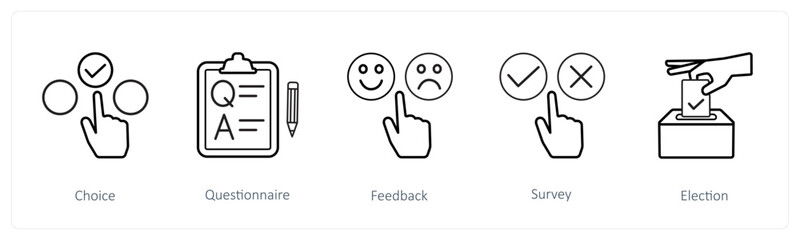 A set of 5 survey and ratings icons such as choice, questionnaire, feedback