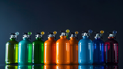  collection of colorful gas cylinders on a reflective surface with a dark background