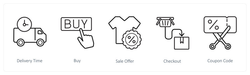 A set of 5 ecommerce and shopping icons such as delivery time, buy