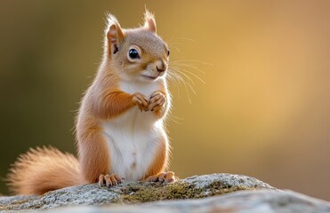 Obraz premium A curious squirrel stands on a rock amidst blooming wildflowers at dawn