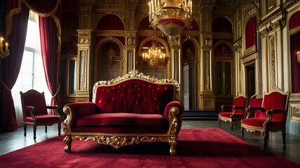 a red chair with a gold frame and red curtains with candles on it.