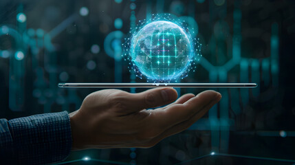 A futuristic holographic globe floating above a handheld tablet with a digital grid background