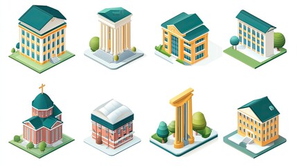 Set of Isometric Building Illustrations.