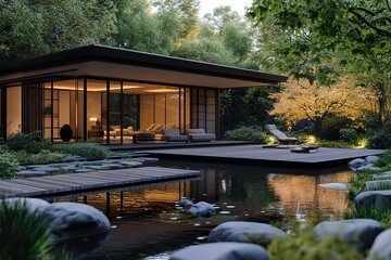 Obraz premium Find tranquility in minimalist pavilions and serene garden landscapes