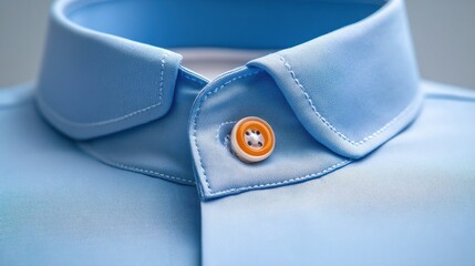Close-up of a light blue shirt collar featuring a unique orange button, showcasing modern fashion and craftsmanship.