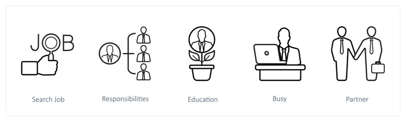 A set of 5 human resource icons such as search job, responsibilities, education