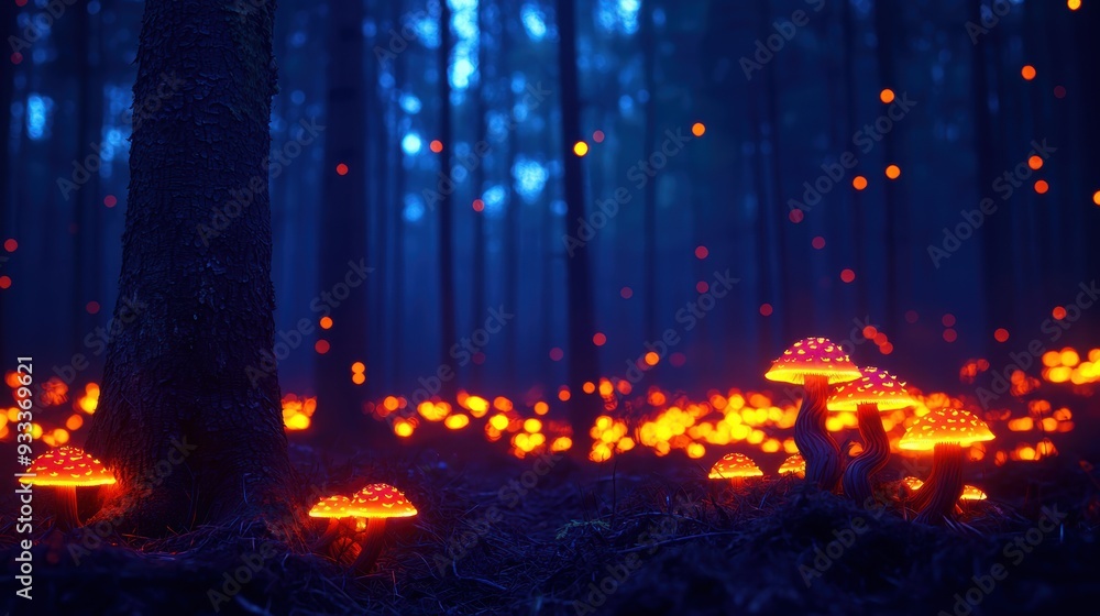 Poster enchanted forest clearing with glowing mushrooms and twisted trees in foggy atmosphere