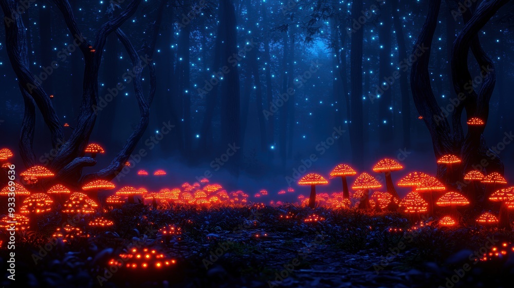 Poster enchanted twilight forest clearing with glowing mushrooms and twisted trees - atmospheric fantasy sc