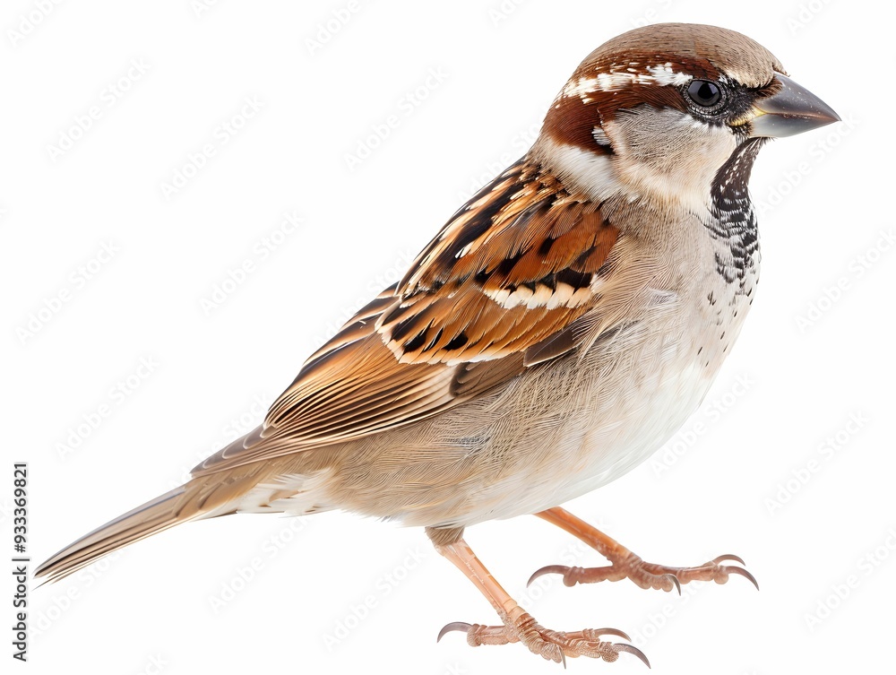 Poster a close-up of a sparrow standing on a white background, showcasing detailed feather patterns and col