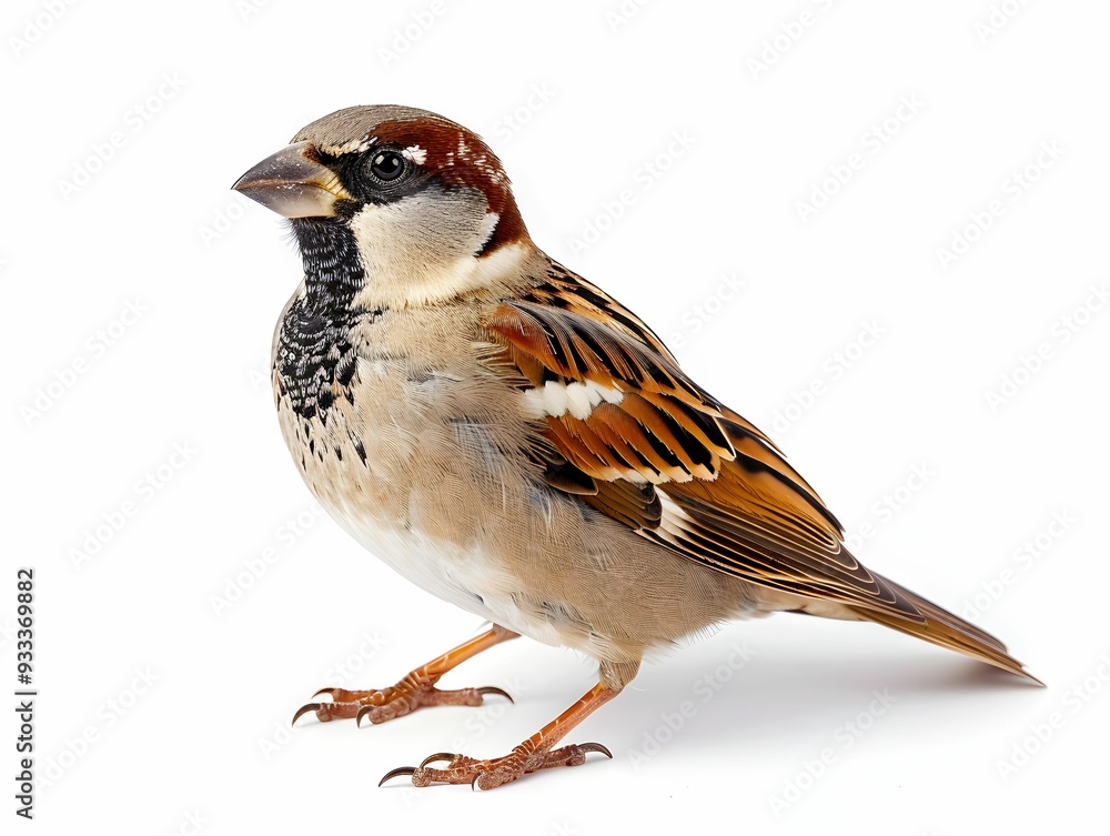 Poster a eurasian sparrow perched against a white background showcasing its distinctive plumage and feature