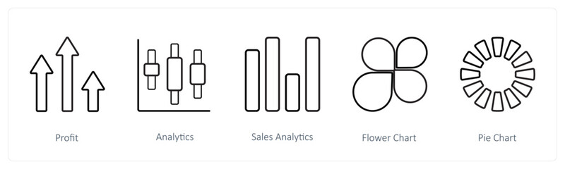 A set of 5 diagram and report icons such as profit, analytics, sales analytics